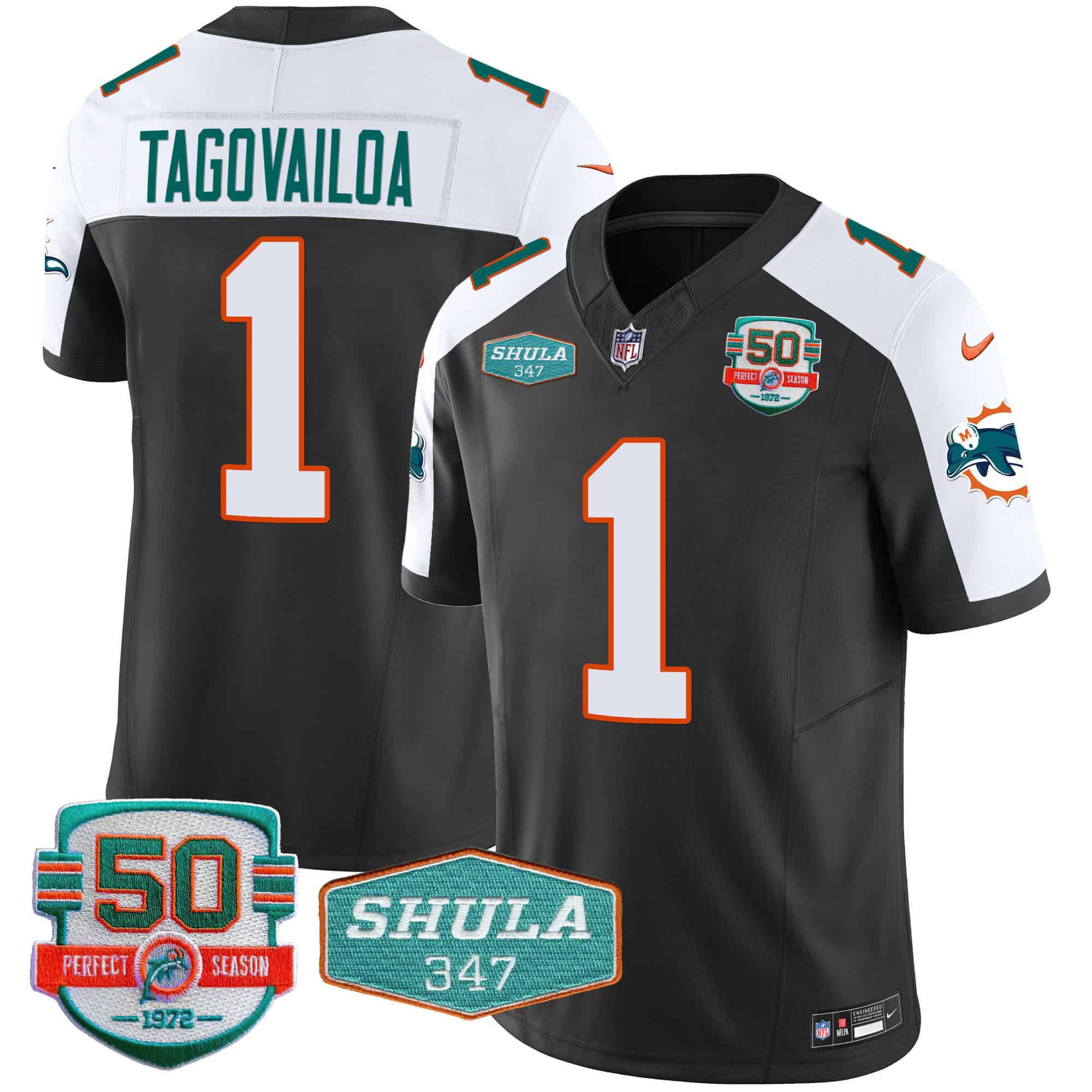 Men Miami Dolphins #1 Tagovailoa Black 2024 Nike Throwback Shula 347 Patch Vapor NFL Jersey